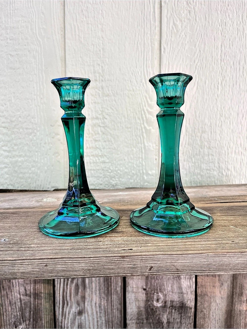 Hoosier Glass Emerald Candlesticks Pair